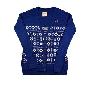 Hollister Blue Fair Isle Cardigan Sweater Womens Large Y2K Button Up